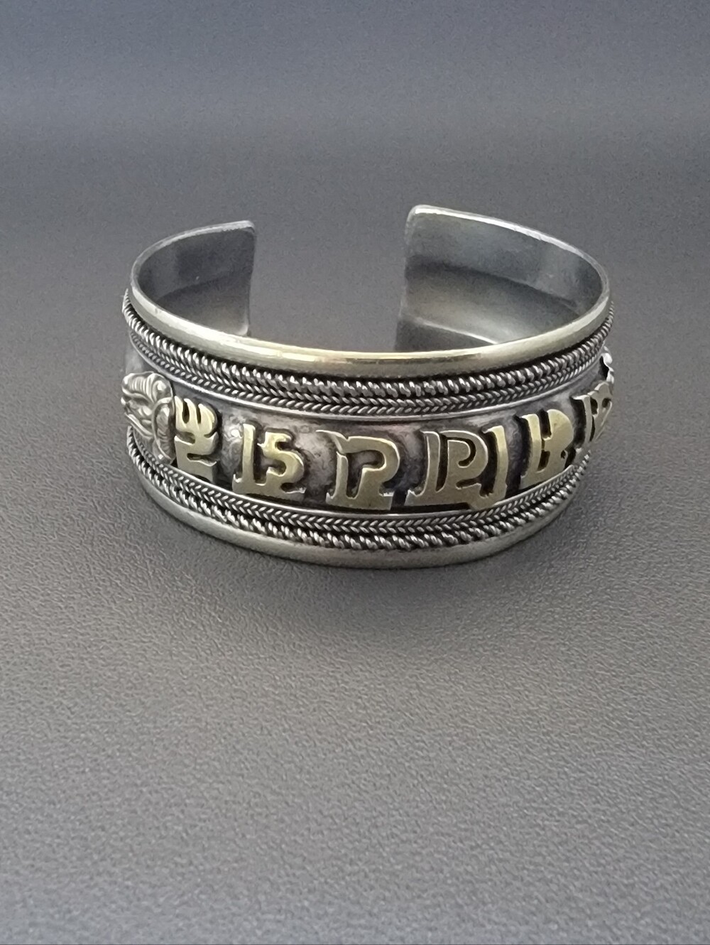 Tibetan Om Mani Padme Hum Cuff Bracelet | Buddhist Prayer Mantra | Two-Tone